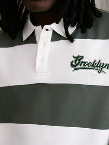 GALLERY FADE Men's Letter Print Striped Long Sleeve Casual Commuter Polo Shirt - White - View 5