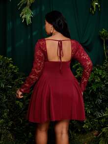 Roveilla 大码女式复古假日蕾丝长袖公主薄纱迷你连衣裙，性感派对鸡尾酒裙，适合春季、秋季、假日派对、新年、情人节，酒红色紧身连衣裙，心形领紧身连衣裙，适合春季、夏季、秋季 - 酒紅色 - 查看 2