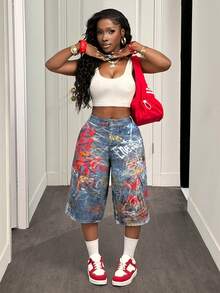 Slaydiva 女士字母印花高腰工装口袋休闲牛仔百慕大短裤 - 軍綠色 - 查看 6