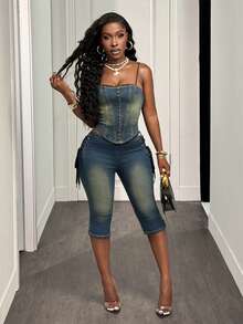 Slaydiva Women's Casual Distressed Side Tie Skinny Cropped Jeans, Summer - Medium Wash - View 4