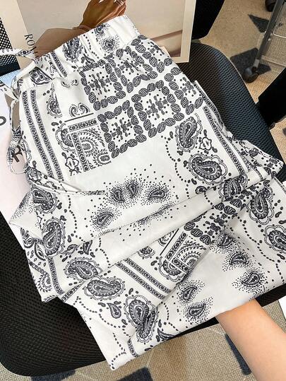 Franclia Women's Fashionable Vacation Print Pants, Spring/Summer Bandana Print Pants Paisley Print Pants White And Black Pants Drawstring Pants Casual Pants Loose Fit Pants White And Black Print Pants Drawstring Waist Pants