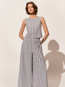 Poéselle 女士休闲度假风日常通勤撞色条纹印花纽扣后背无袖上衣和阔腿裤套装，春夏秋季 - 藍色 - 查看 5