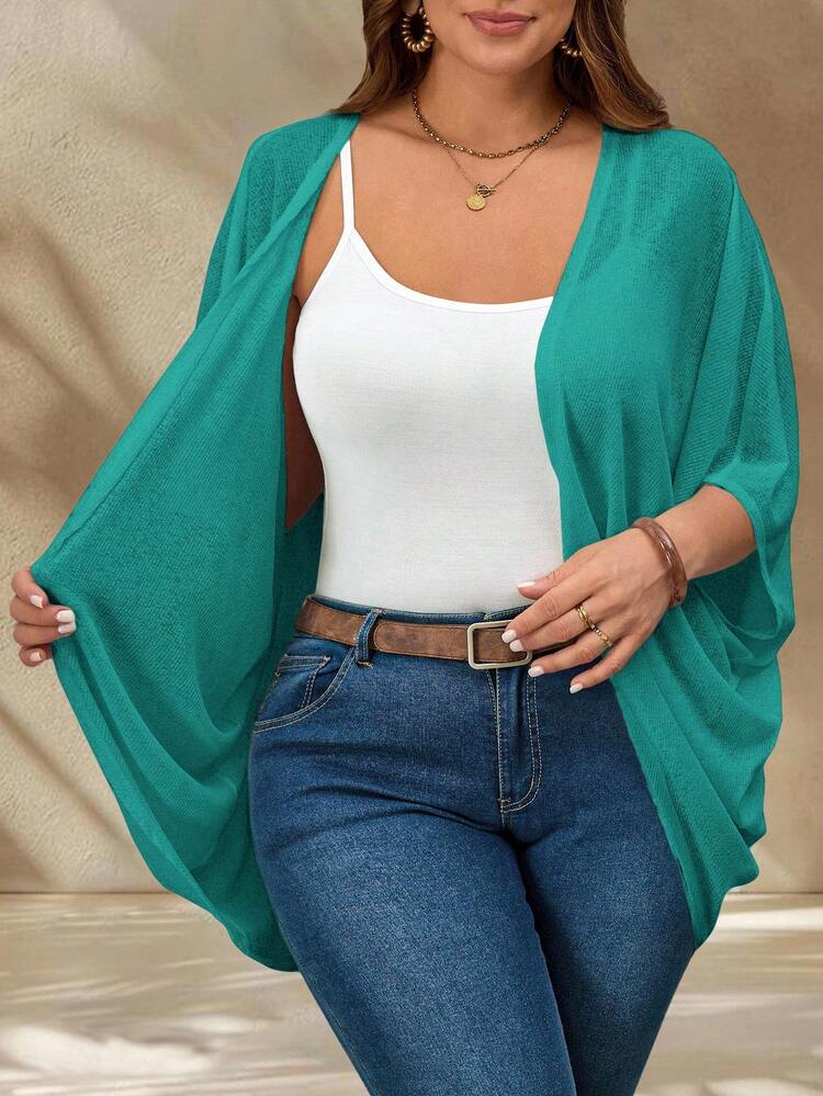 Plus Size Vacation Solid Color Asymmetric Hem Batwing Sleeve Casual Jacket,Spring/Summer Plus Size Cardigan