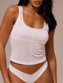 MUSERA ESSENTIALS Scoop Neck Fitted Sheer Mesh Tank Top Winter Spring Night Out Sexy Cute Mesh Fitted Essential - White - View 6