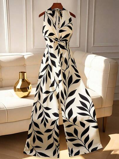Franclia Women's New Fashionable Elegant Elegant Resort Style All-Over Print Twist Waist Wide Leg Jumpsuit