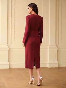 ZEYLAH 刺绣修身长裙，秋冬款 - 酒紅色 - 查看 3