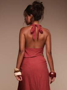 Musera Resort Áo khoác ngoài đi biển bằng vải lanh, cổ cao, buộc dây, lưng thấp, chỉ gồm áo bơi, thích hợp cho kỳ nghỉ hè, du lịch, đồ đi biển Terra Sol mùa xuân - Màu Đỏ Sâu - Xem 4