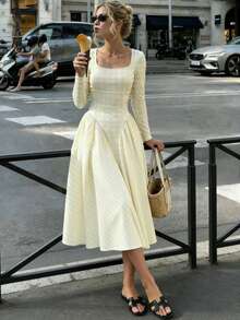 Cévolie 格子方领长袖高腰泡泡袖中长连衣裙 - 黃色 - 查看 3