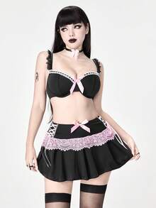 ROMWE Kawaii 4pcs Lace Trim Choker, Underwire Bow Bralette, Thong And Mini Skirt Sexy Lingerie Set - Black - View 5