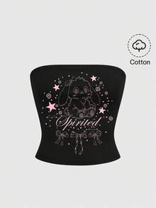 ROMWE Kawaii Cute Rabbit Emoticon Bow Tie Black Sleeveless Cotton Crop Top For Women - Black - View 1