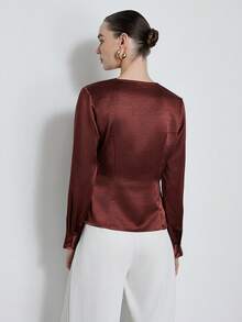Aveloria Modichic Women's French Ruffled Collar Satin High-End Cinched Waist Shirt - Burgundy - View 6