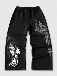 ROMWE MEN Street Life 青少年男童休闲复古印花弹力腰直筒运动裤 - 黑色 - 查看 1