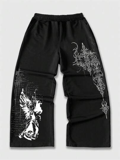 ROMWE MEN Street Life 青少年男童休闲复古印花弹力腰直筒运动裤