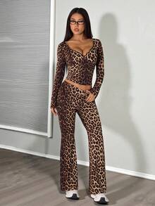 SHEIN PETITE 2 Pieces Women Leopard Print Casual Top And Pants Set Leopard Set - Brown - View 6