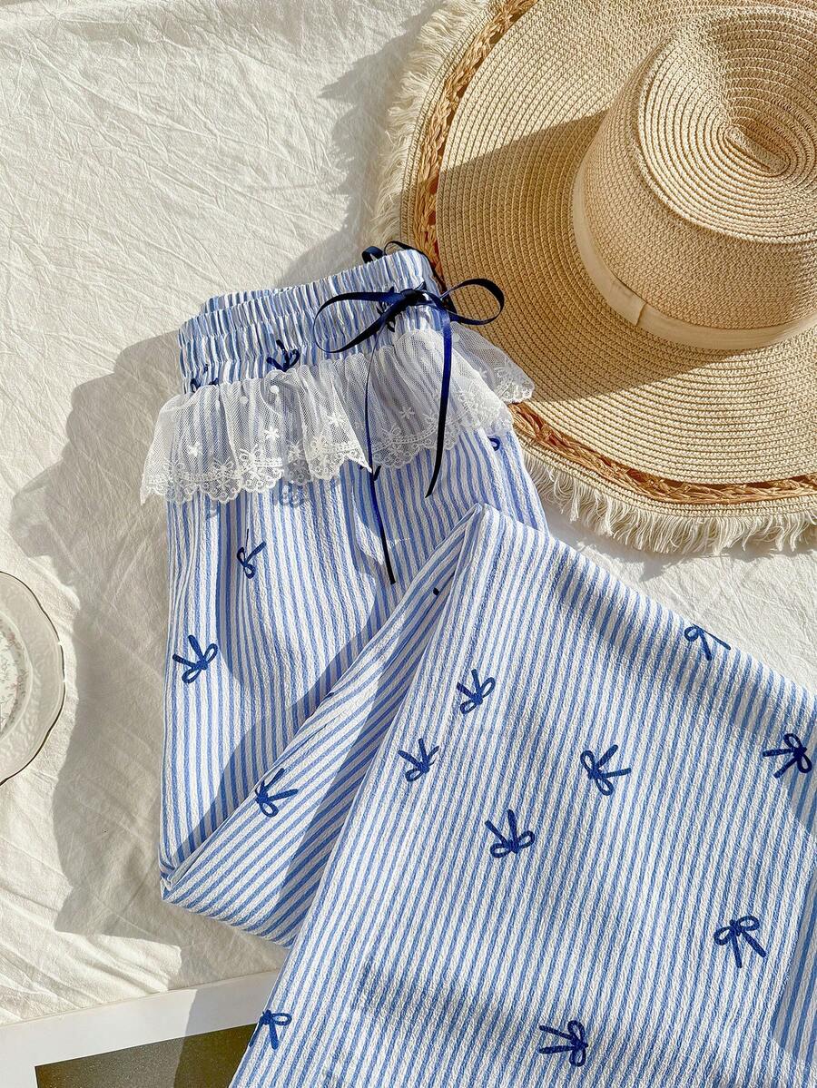 Modelyn 女士夏季度假休闲条纹蝴蝶结印花裤 - 彩色 - 查看 1