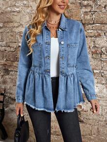 EMERY ROSE Women's Turndown Collar Single-Breasted Ruffle Hem Fashionable Versatile Daily Wear Long Sleeve Denim Jacket - Blue - View 4