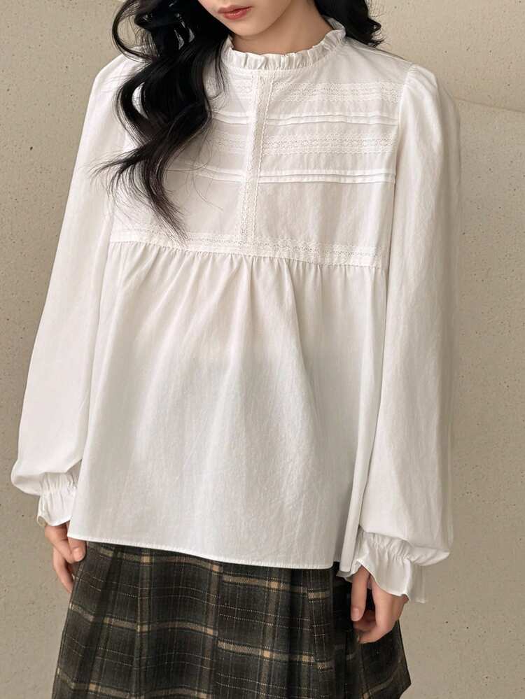 Tween Girl Plain Collar Ruffle Button Casual Long Sleeve Shirt Spring
