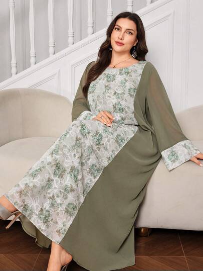 Al Najma Plus Size Women's Embroidered Chiffon Patchwork Print Long Sleeve Loose Romantic Elegant Arabic Dress