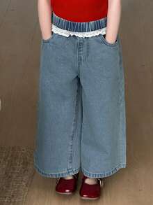 DAZY 少女弹力腰心形贴片蕾丝拼接休闲百搭日常阔腿牛仔裤 - 藍色 - 查看 2