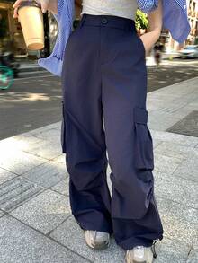 Livesso 女款戶外運動大口袋工裝褲，海軍藍休閒校園風，適合秋季度假 - 藏蓝色 - 查看 5