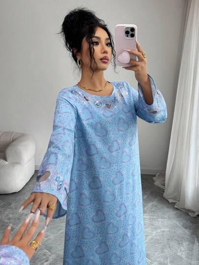 Yasmyna Women's Heart Print Rhinestone Decor Round Neck Loose Fit Arabic Style Long Dress