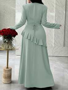Feyla Vestido elegante de mujer con volantes y adornos de strass, otoño - Verde - Ver 2