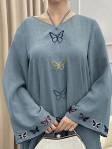 Yasmyna Women's Butterfly Pattern Flare Sleeve Halter Neck Loose Arabic Traditional Long Dress - Blue - View 2