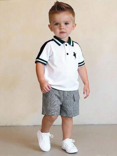 SHEIN 2pcs/Set Baby Boy Summer Preppy Style Cute Colorblock Print Polo Shirt & Plaid Elastic Waist Shorts Set, Suitable For Birthday Party, Rave, Evening Party, Performance, Wedding, Baby Shower, 1st Birthday Celebration Preppy Baby Boy Clothes Baby Boy Golf Clothes Toddler Boy Summer Clothes Baby Boys Clothing Summer