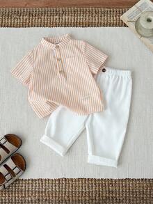 SHEIN 2pcs Baby Boy Cute Casual Striped Polo Collar Shirt And Elastic Waist Striped Casual Pants Set, Suitable For Spring And Summer Wear, Home, Outing And Vacation - Yellow - View 7