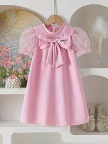 Elladie kids 女童优雅圆领爱心网纱泡泡袖蝴蝶结前襟休闲时尚连衣裙，适合度假、旅行、生日礼物、夏季穿着 - 粉色 - 查看 3