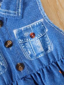 SHEIN 1件女婴翻领纽扣无袖牛仔印花卡通动物图案可爱时尚百搭复古浅蓝色休闲连衣裙，带假口袋，夏季新品 - 淺色水洗藍 - 查看 5