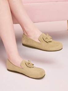 CUCCOO DOLLMOD 女士棕色蝴蝶结装饰休闲复古软底舒适百搭布洛克鞋，秋冬款 - 杏色 - 查看 4