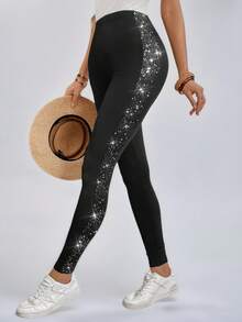 Miaspire Women Sparkle Printed Casual Leggings - Black - View 8