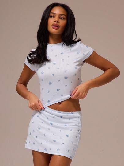 MUSERA ESSENTIALS Ditsy Floral Printed Pointelle Shortsleeve Crewneck Top Coord Top Only Spring Winter Cosy Cute Daily Girly Lounge Essential