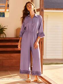 Bohemian Casual Vacation Ruffled Jumpsuit, Loose Cinched Waist Jumpsuit, Relaxed & Romantic Elegant Sleepwear For Women - Red Violet - View 1