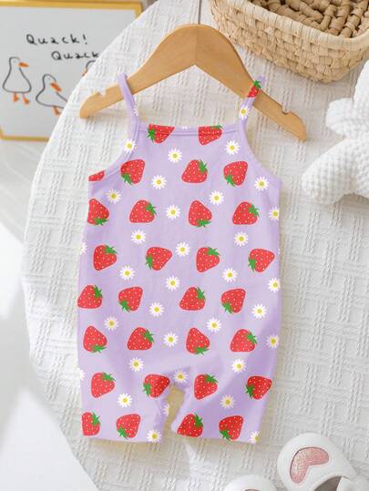 奶油紫色，可爱草莓花卉图案，女婴休闲连体衣，适合春夏休闲度假，居家、外出、野餐、假日穿着