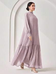 Veilorie Women's Solid Color Stand Collar Ruffle Hem Elegant Long Sleeve Dress - Lilac Purple - View 3