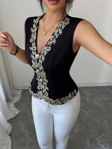 Elenzga Women's Embellished V-Neck Single-Breasted Elegant Vest - Black - View 6