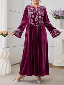 Al Najma Váy tay loe thêu hoa thêu nhung thanh lịch - Màu Đỏ Sâu - Xem 4