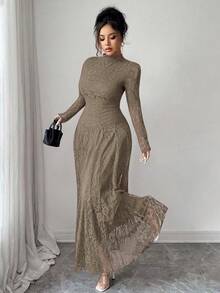 Modelyn Women's Lace Trim Mock Neck Waist Cinched Slim Fit Dress - Khaki - View 3