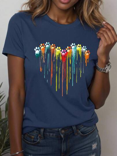 INAWLY Heart-Shaped Dog Paw Print Round Neck Short Sleeve T-Shirt For Casual Outfit Graphic Tees Women Tops