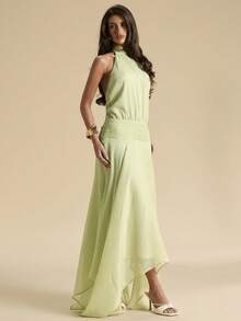 SHEIN BAE 薄荷绿露背系带低腰不对称下摆连衣裙，优雅女士夏季度假连衣裙，音乐节连衣裙，绿色连衣裙，优美长裙，沙滩度假连衣裙 - 綠色 - 查看 5