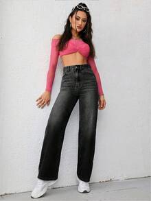 女士宽松直筒加厚口袋牛仔裤，适合感恩节和圣诞节穿着，休闲百搭。 - 黑色 - 查看 4