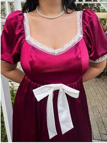 Flirla 大码撞色蕾丝优雅蝴蝶印花连衣裙 - 酒紅色 - 查看 7