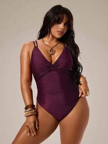 Auralis 大码女士性感露背褶皱纯色扭结前襟吊带连体泳衣，适合海滩度假 - 中紫紅色 - 查看 6
