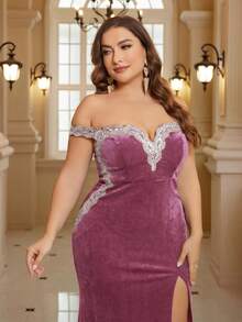 SHEIN Belle Plus Size V-Neck Sleeveless Embroidered Sequin Patchwork High Slit Korean Velvet Formal Gown (Heavy Embellishment) - Dusty Pink - View 7