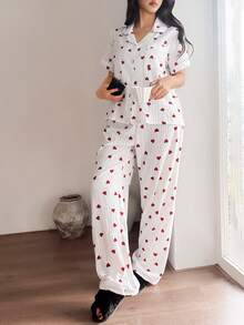 SHEIN Casual Underwear&Sleepwear 心形印花翻领短袖女士睡衣套装 - 白色 - 查看 7