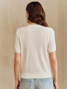 Anewsta Women's Spring/Summer New White Beaded Round Neck Short Sleeve Knit Cardigan - White - View 2