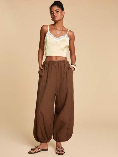 Travachic Women's Casual Textured Solid Color Elastic Waist Ankle Length Pantsring Break Outfits,Party Outfit,Beach Outfit,Spring Clothing,Valentine's Day,Valentine Outfits For Women,Carnival Costume,Elegant,Floral,Carnival,Spring To Summer ,Party ,Summer Pants,Valentine's Day Pants,Wedding Guest Pants For Women,Birthday Pants,Party Pants,Elegant Pants For Women,Floral Pants,Summer Pants,Carnival Costume, Mexican Style Pants Women Boho Pants For Women