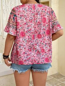 SHEIN LUNE Áo kiểu nữ cỡ lớn mùa hè phong cách Bohemian in hoa, tay bồng, thắt nơ phía trước. - Màu Hồng  Dưa hấu - Xem 2